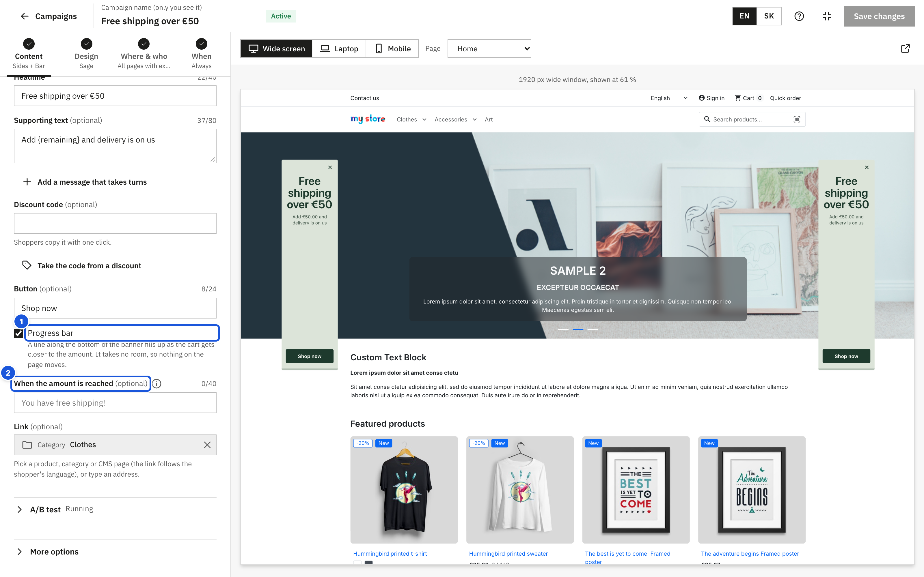 Amount to free shipping with a progress bar