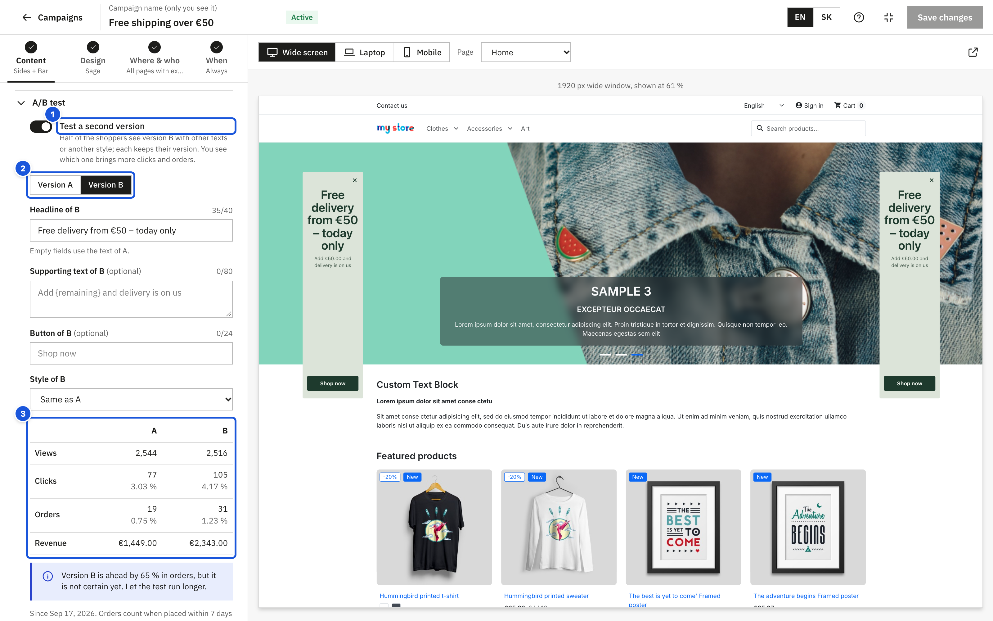 A/B test with results
